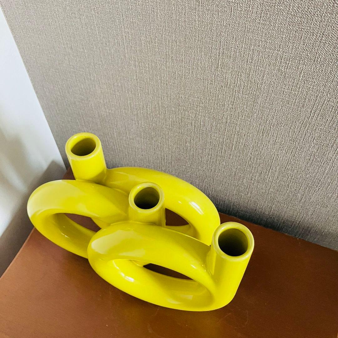 日本製 イエローフープベース 大きな三口花瓶