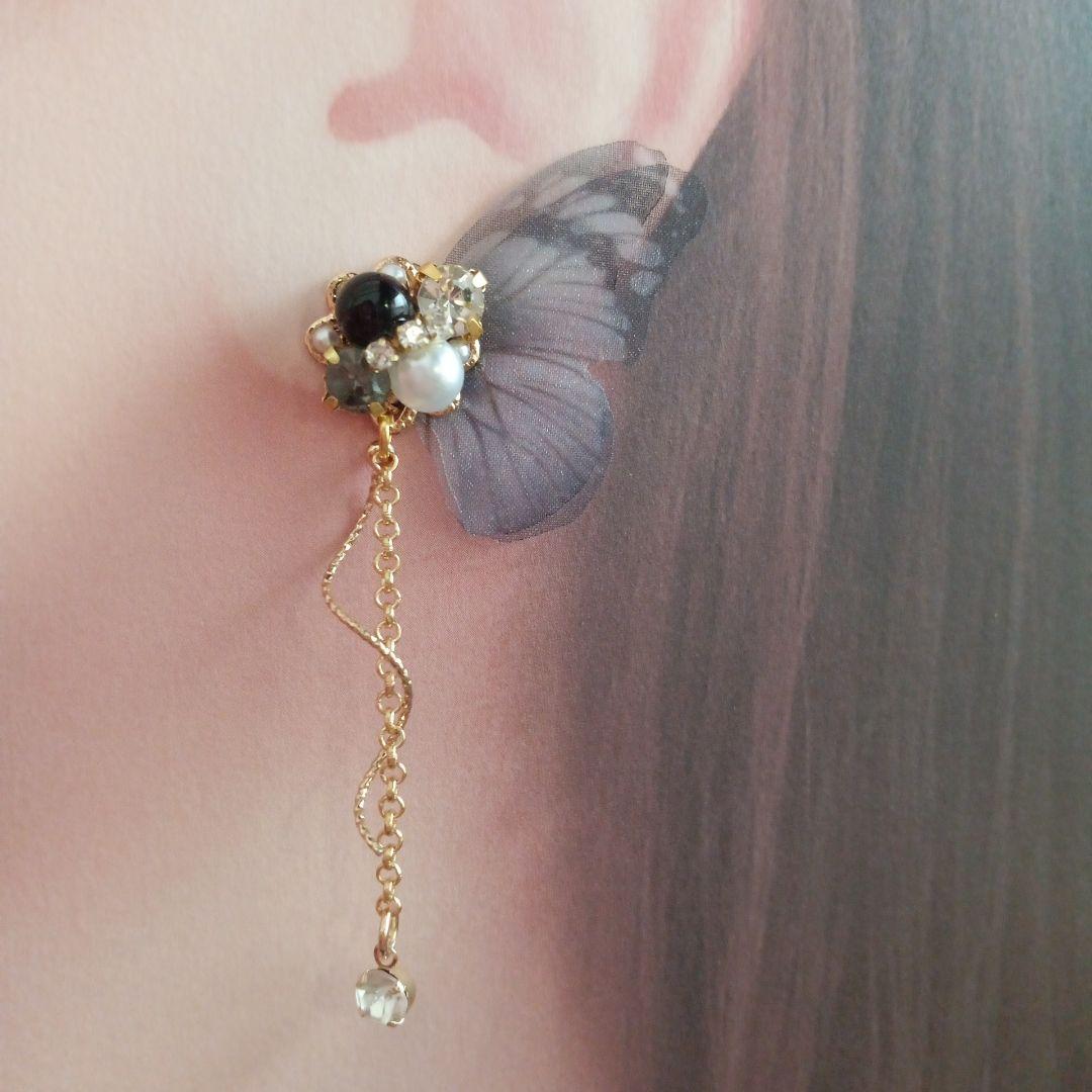 ♡ハンドメイド♡ビジューピアスorイヤリング№389シフォンバタフライ