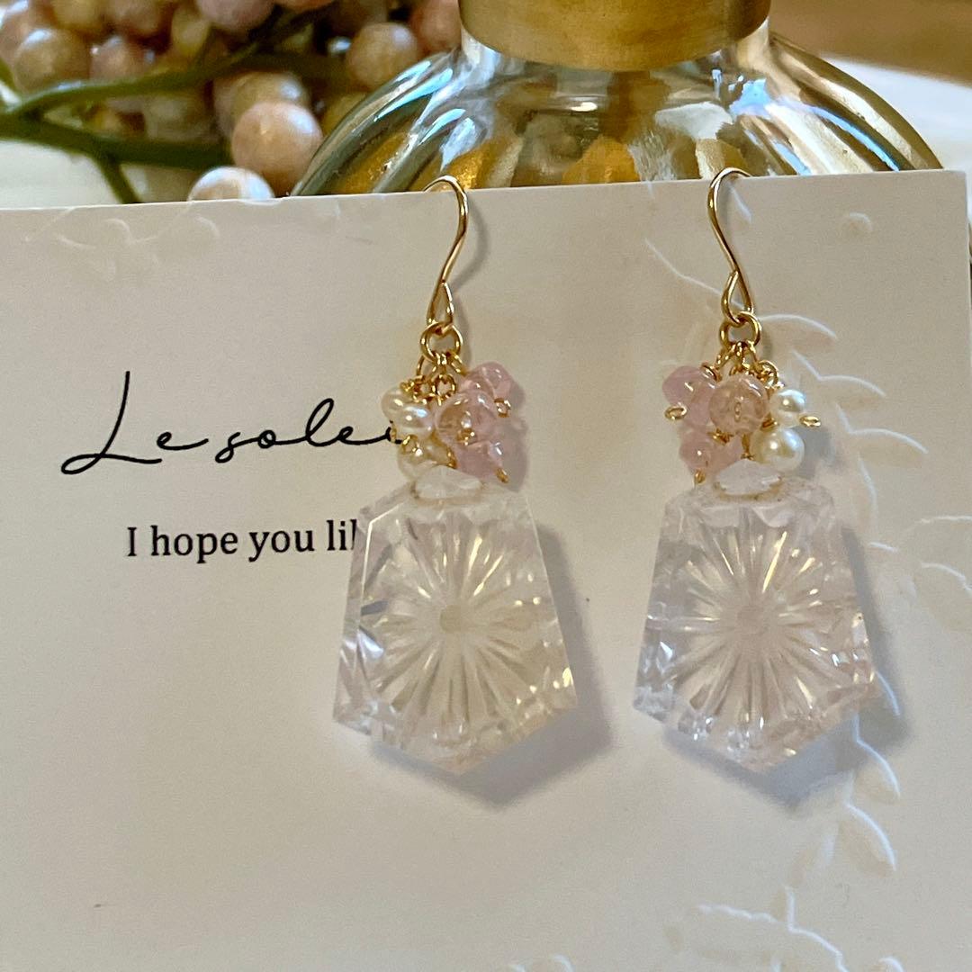 ジェシカ◆一点物✧ローズクォーツ×モルガナイトピアス✧14kgf