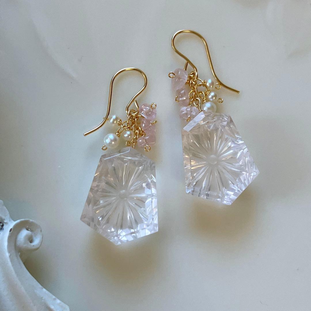 ジェシカ◆一点物✧ローズクォーツ×モルガナイトピアス✧14kgf