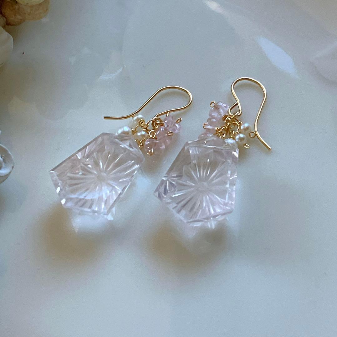 ジェシカ◆一点物✧ローズクォーツ×モルガナイトピアス✧14kgf