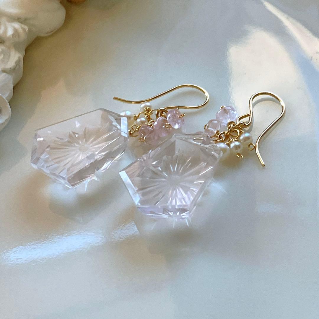ジェシカ◆一点物✧ローズクォーツ×モルガナイトピアス✧14kgf