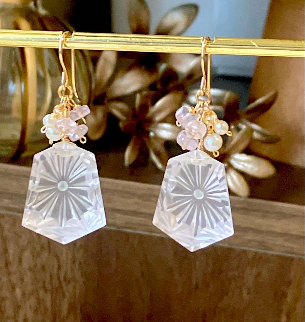 ジェシカ◆一点物✧ローズクォーツ×モルガナイトピアス✧14kgf