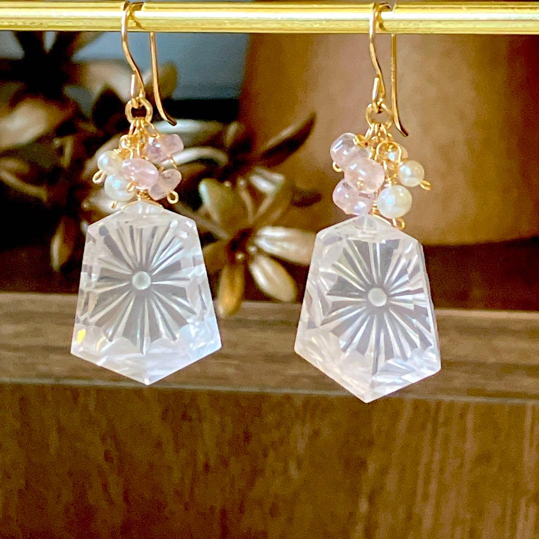 ジェシカ◆一点物✧ローズクォーツ×モルガナイトピアス✧14kgf