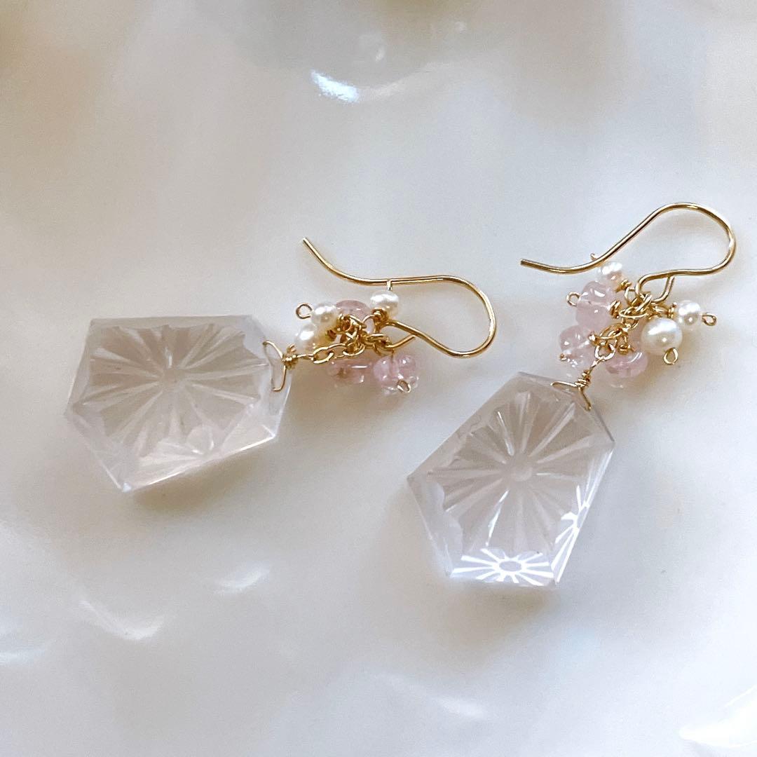 ジェシカ◆一点物✧ローズクォーツ×モルガナイトピアス✧14kgf