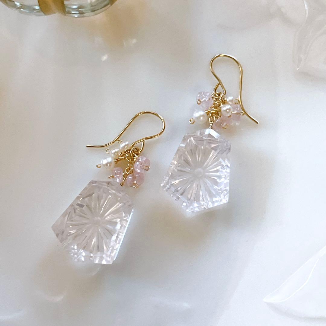 ジェシカ◆一点物✧ローズクォーツ×モルガナイトピアス✧14kgf