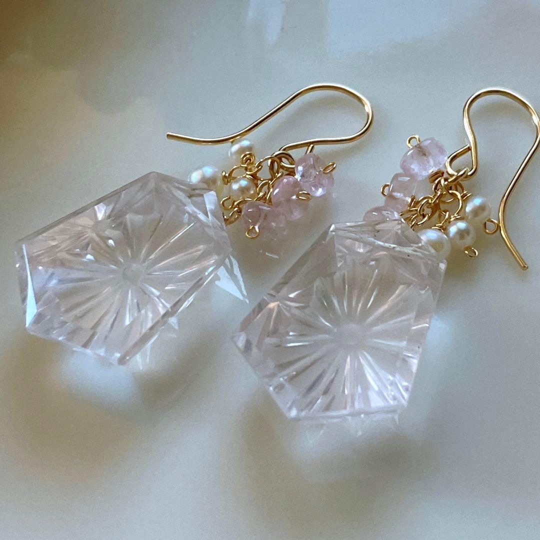 ジェシカ◆一点物✧ローズクォーツ×モルガナイトピアス✧14kgf