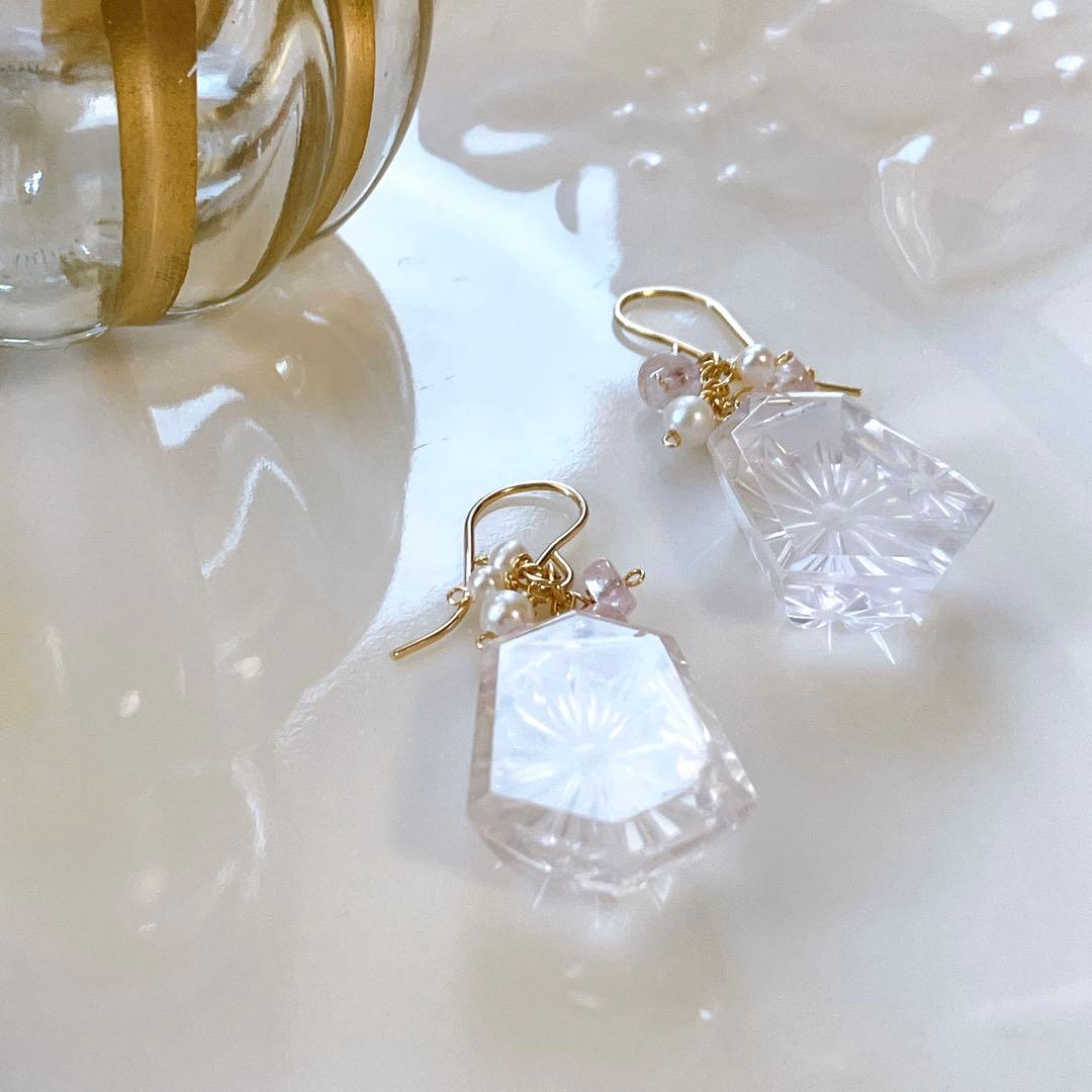 ジェシカ◆一点物✧ローズクォーツ×モルガナイトピアス✧14kgf