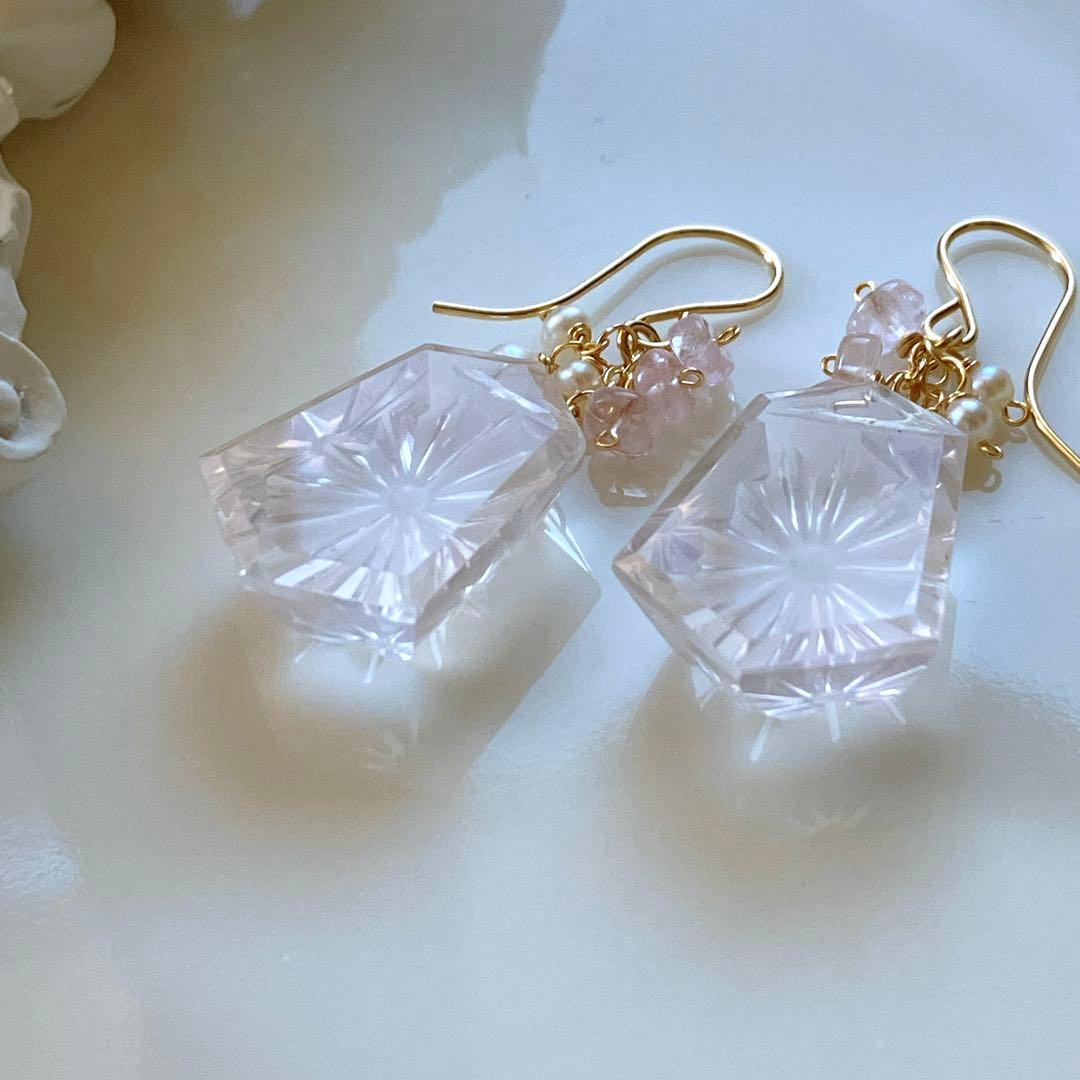 ジェシカ◆一点物✧ローズクォーツ×モルガナイトピアス✧14kgf