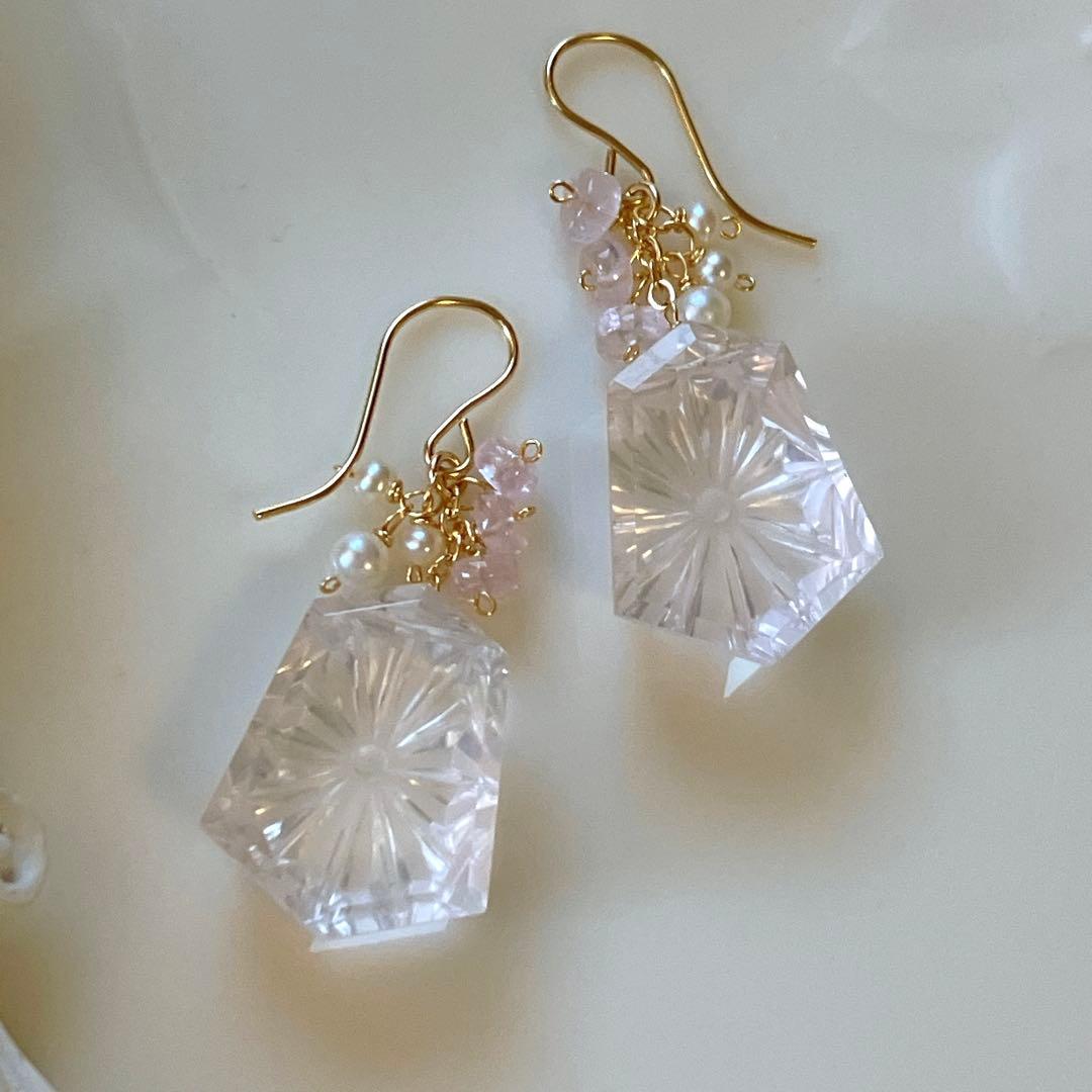 ジェシカ◆一点物✧ローズクォーツ×モルガナイトピアス✧14kgf
