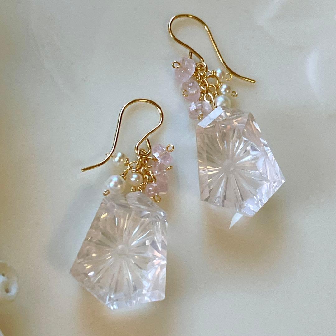 ジェシカ◆一点物✧ローズクォーツ×モルガナイトピアス✧14kgf