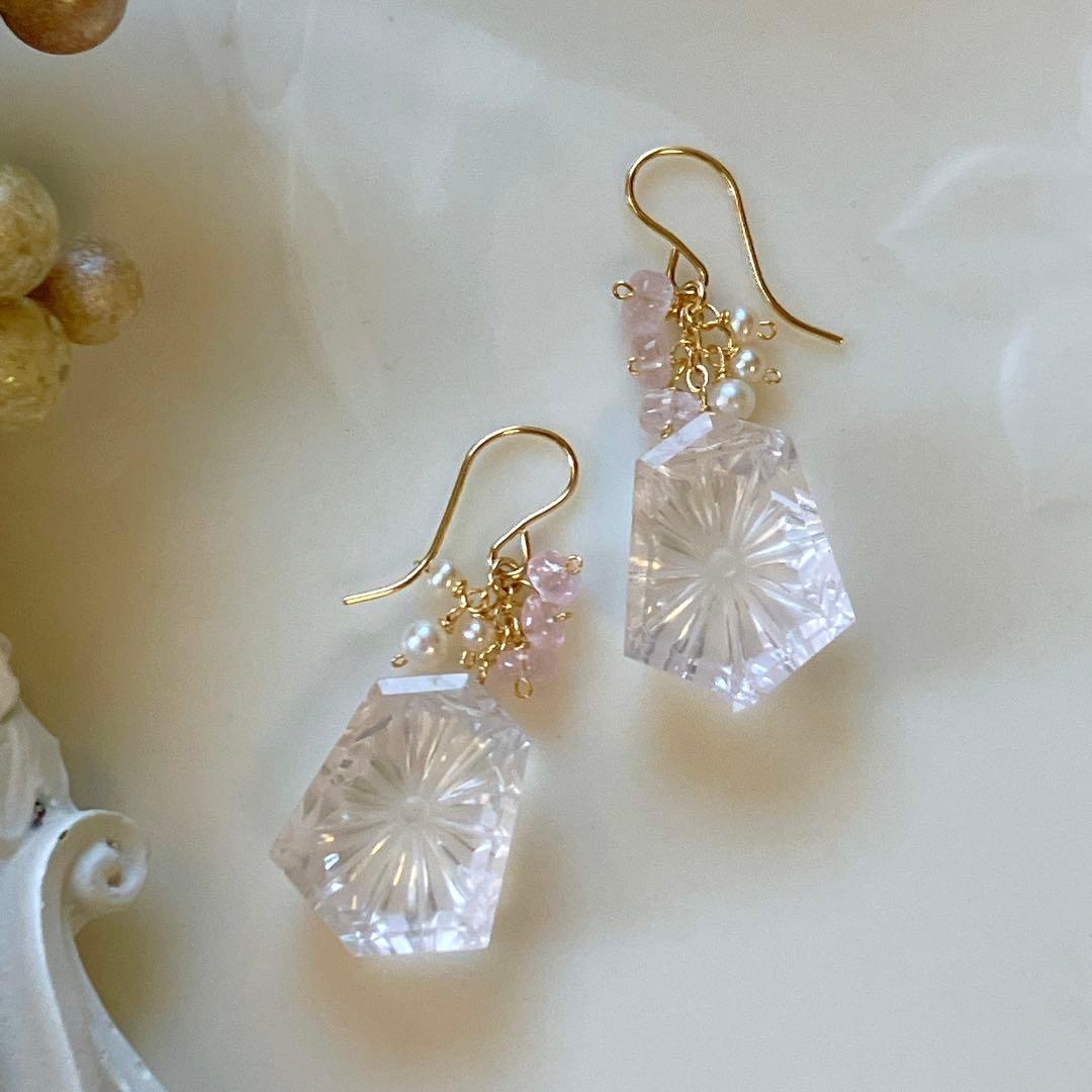 ジェシカ◆一点物✧ローズクォーツ×モルガナイトピアス✧14kgf