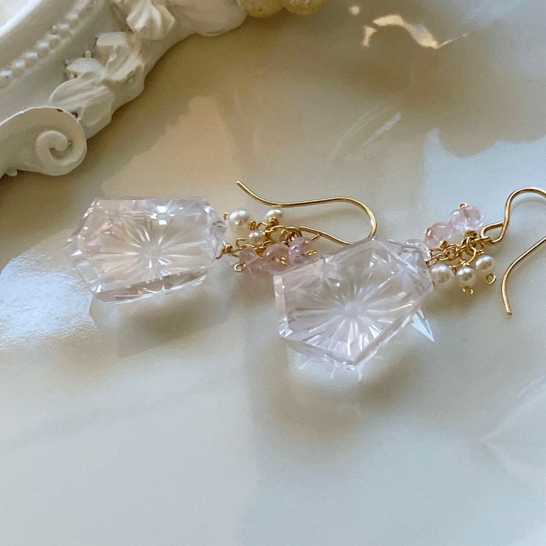 ジェシカ◆一点物✧ローズクォーツ×モルガナイトピアス✧14kgf