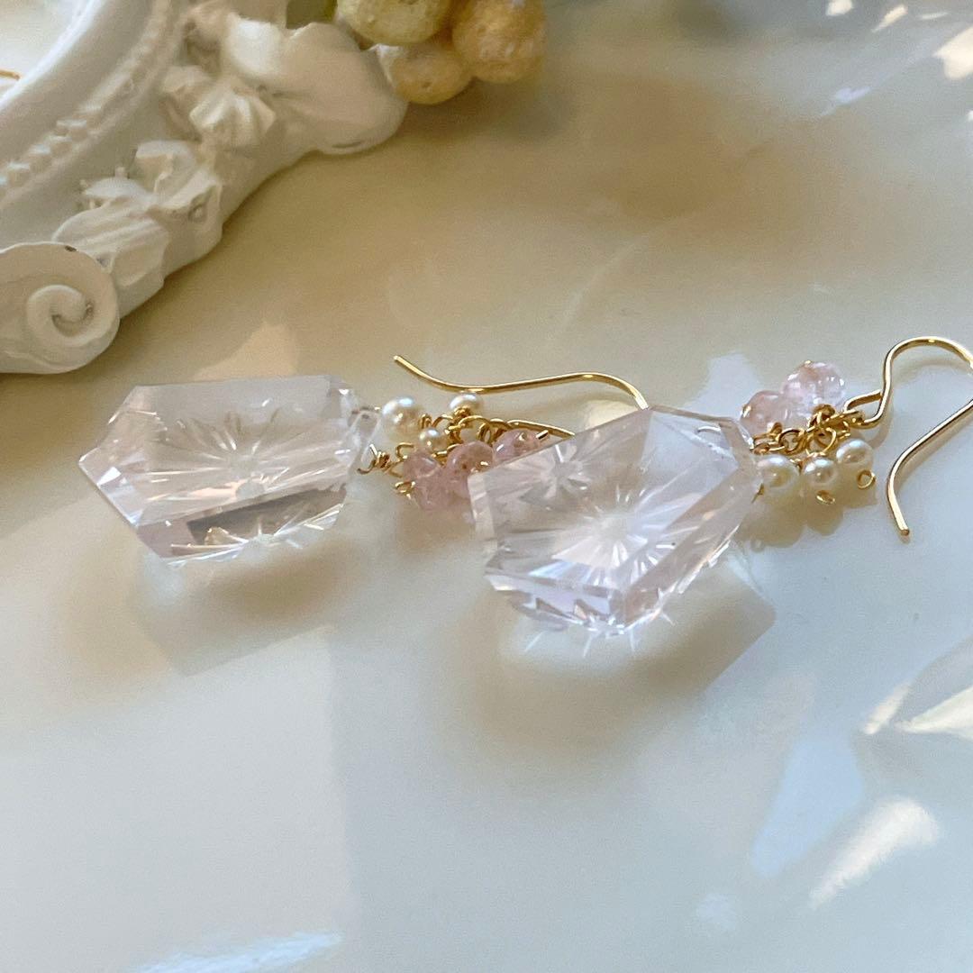 ジェシカ◆一点物✧ローズクォーツ×モルガナイトピアス✧14kgf