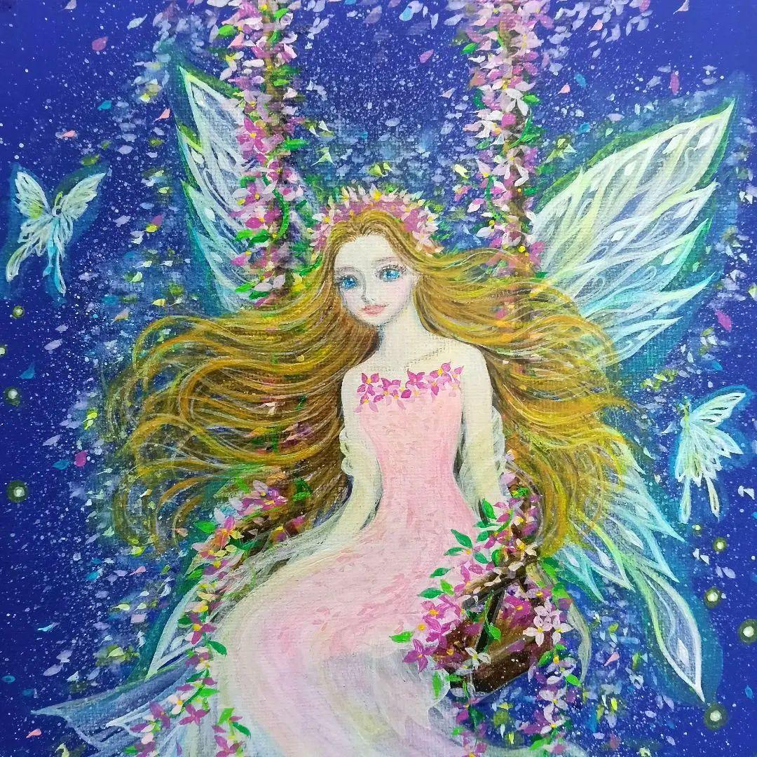 No.577　F3　 妖精　花のブランコ　アクリル画　絵画　開運絵画