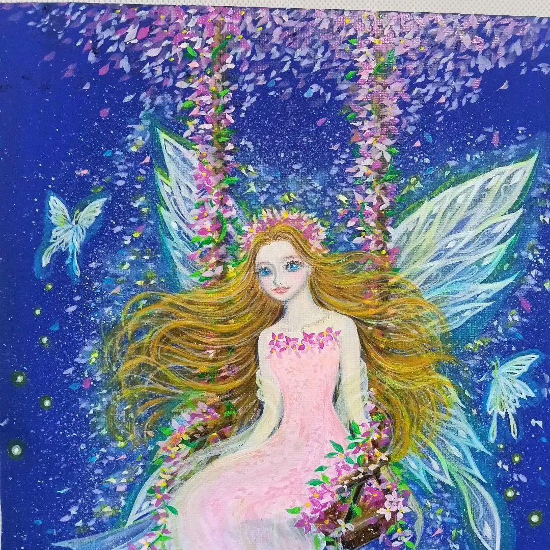 No.577　F3　 妖精　花のブランコ　アクリル画　絵画　開運絵画