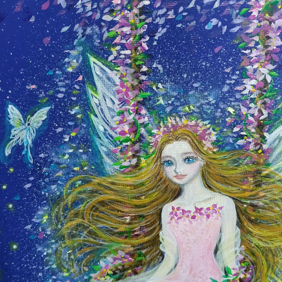 No.577　F3　 妖精　花のブランコ　アクリル画　絵画　開運絵画