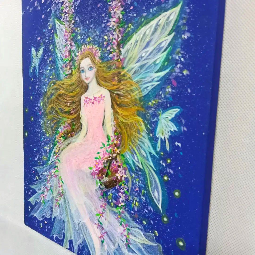 No.577　F3　 妖精　花のブランコ　アクリル画　絵画　開運絵画