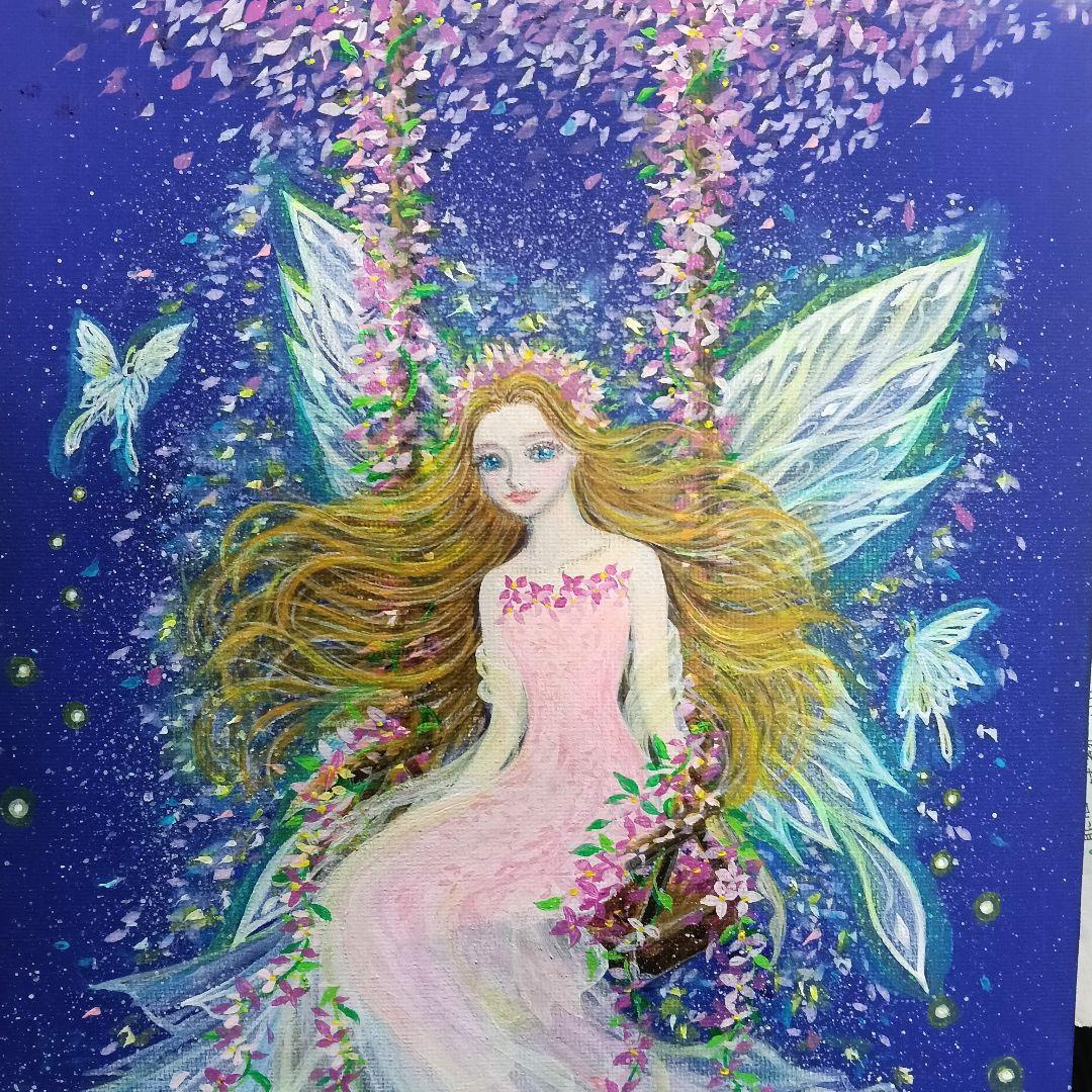 No.577　F3　 妖精　花のブランコ　アクリル画　絵画　開運絵画