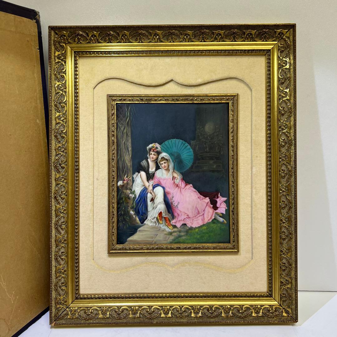 アンティーク　美人図陶板画　ケース付　縦44㎝、横36㎝　東Y8-0313☆2F