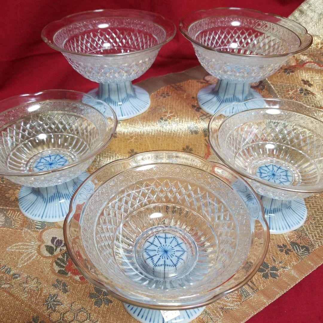 【未使用】◆ 龍峰窯 ◆　三洋陶器 　　桔梗トクサ　ガラスデザート鉢 高台鉢
