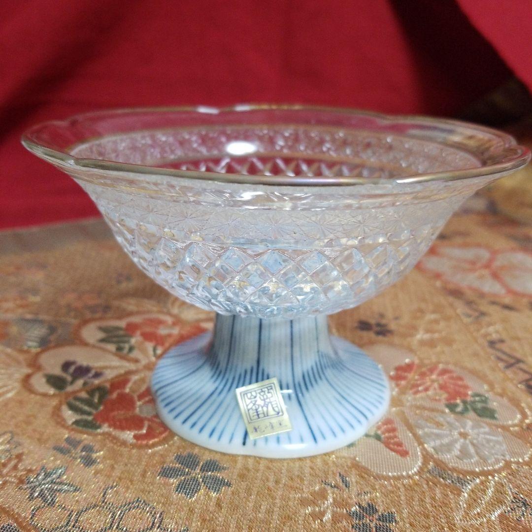 【未使用】◆ 龍峰窯 ◆　三洋陶器 　　桔梗トクサ　ガラスデザート鉢 高台鉢