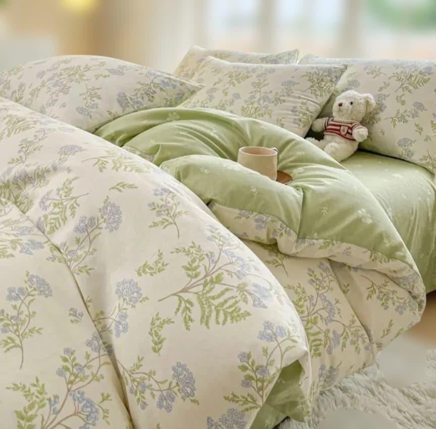 新品★レースフラワー忘れな草柄綿100%シングル掛け布団カバー枕カバーセット