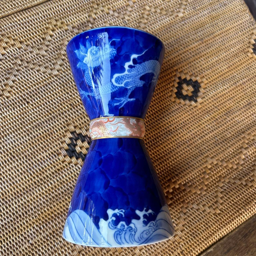 希少 深川製磁 染付波に龍 杵型花瓶