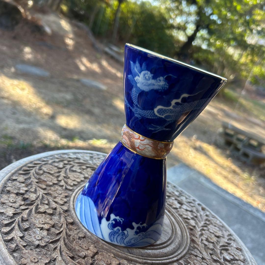 希少 深川製磁 染付波に龍 杵型花瓶