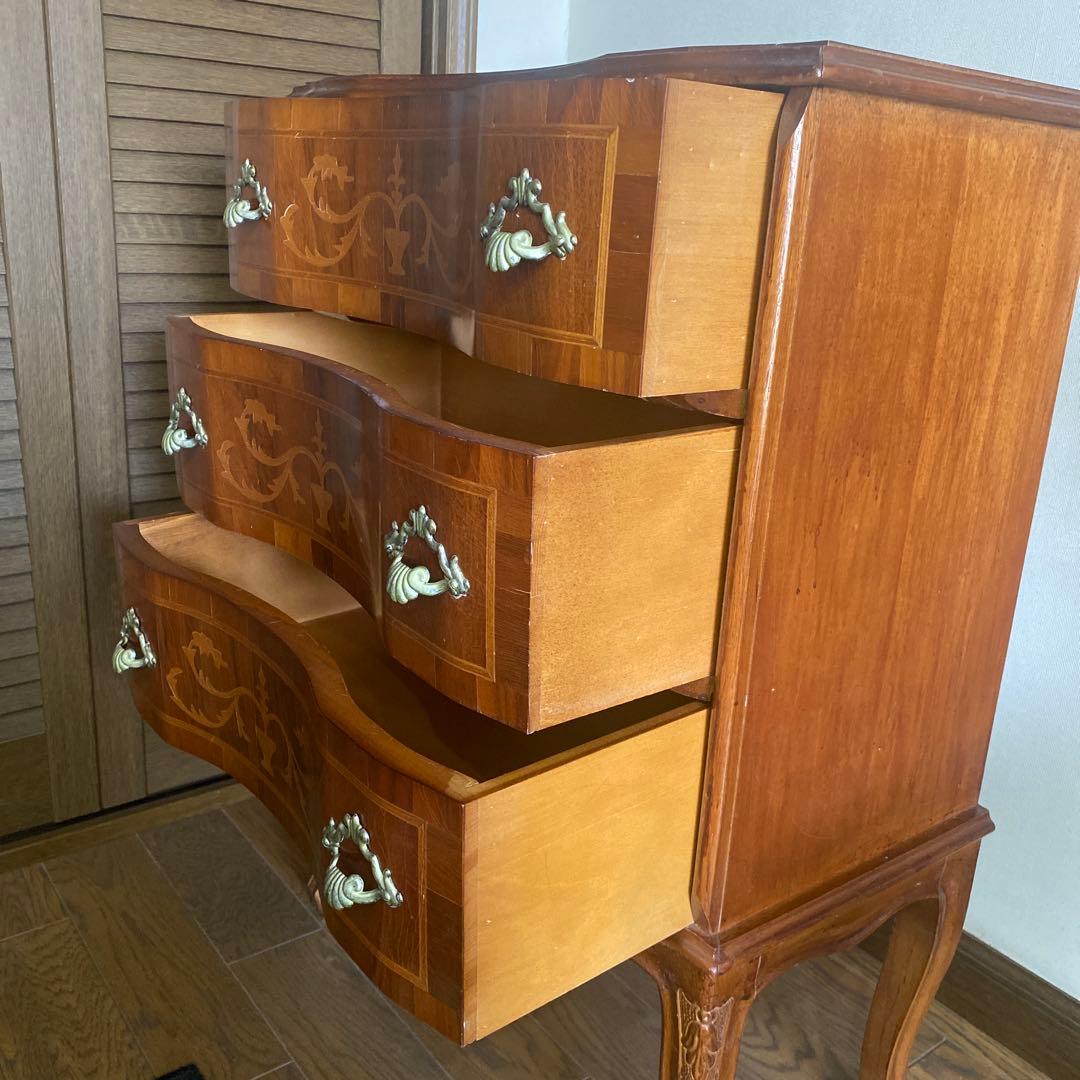 イタリア製 アンティーク ロココ調　象嵌細工 猫脚 3段チェスト　クラッシック