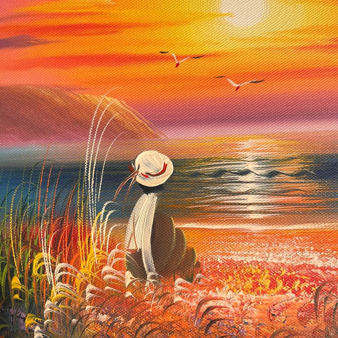 手書き油絵 海を眺める少女額付き インテリア 油彩画