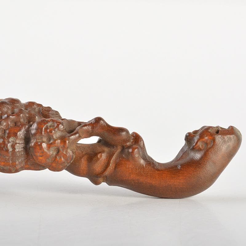 中国　唐木瘤木彫刻　霊芝刻　如意　筆置　C　7366E