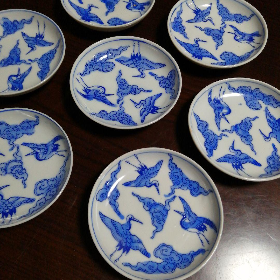 伊万里　染付雲鶴図小皿　7枚　11cm　明治〜大正期