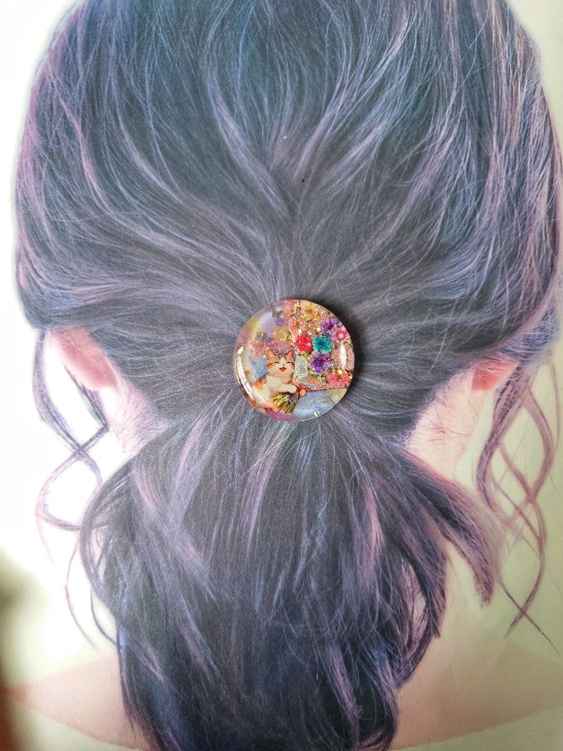 レジン　猫　ヘアゴム　ブローチ　ポニーフック　No.573
