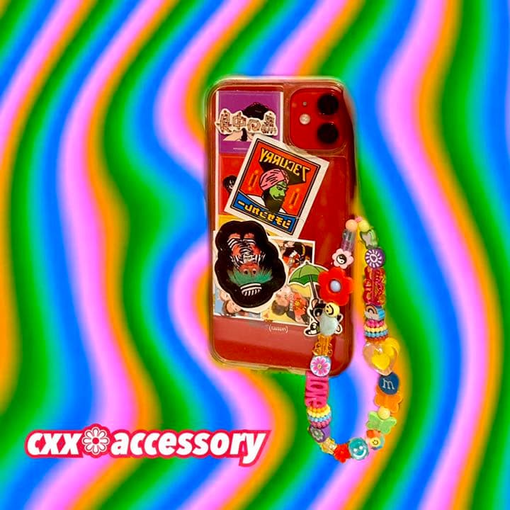 【s-36】ビーズストラップ スマホ❁ニコちゃん カラフル 個性的 古着 韓国