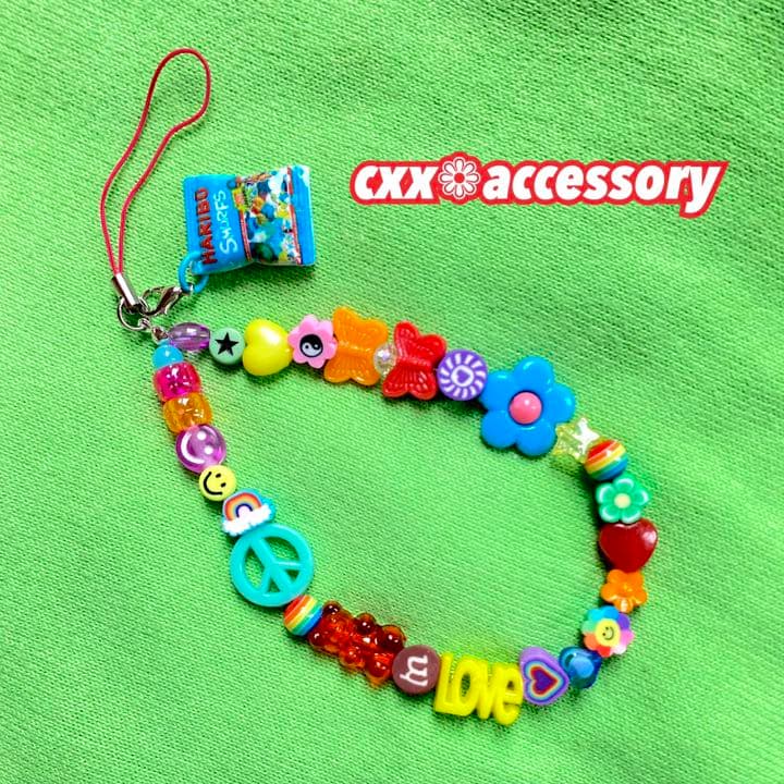 【s-36】ビーズストラップ スマホ❁ニコちゃん カラフル 個性的 古着 韓国