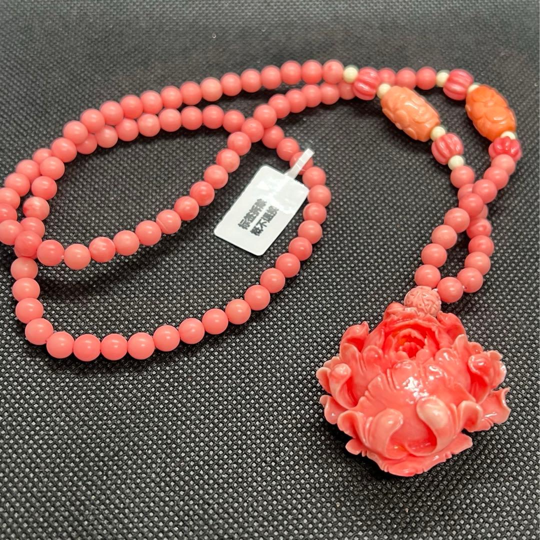 新品　天然珊瑚のバラ彫りピンクラウンドネックレス AB907