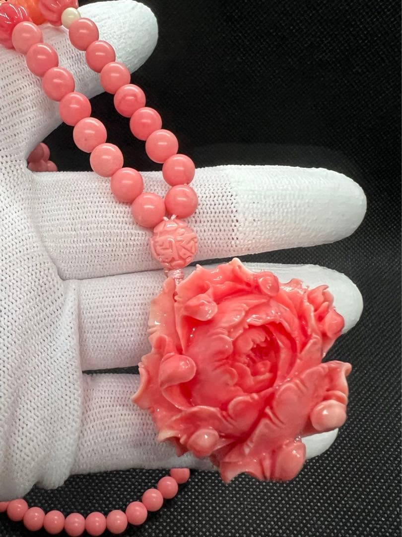 新品　天然珊瑚のバラ彫りピンクラウンドネックレス AB907