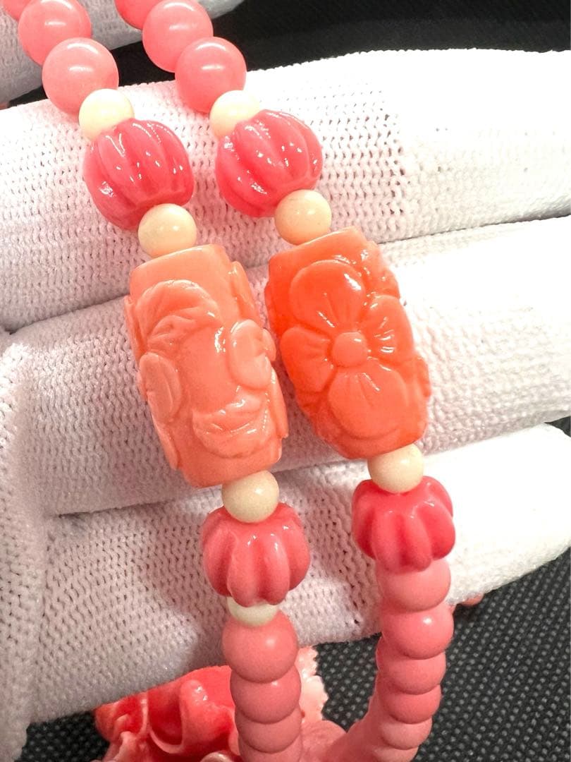 新品　天然珊瑚のバラ彫りピンクラウンドネックレス AB907