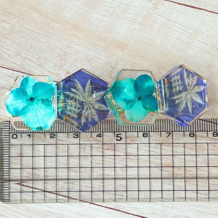 本物紫陽花吸い上げ染め❤️切子硝子調レジンのロングバレッタ❤️