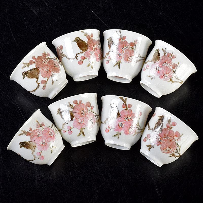 中国　乾隆年製款　薄胎　粉彩　鳥桜文　煎茶碗　八客　V　R7584