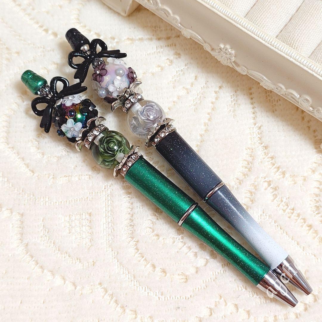 sale‼️N4342 カスタムボールペン ２本セット 薔薇入りビーズ お花