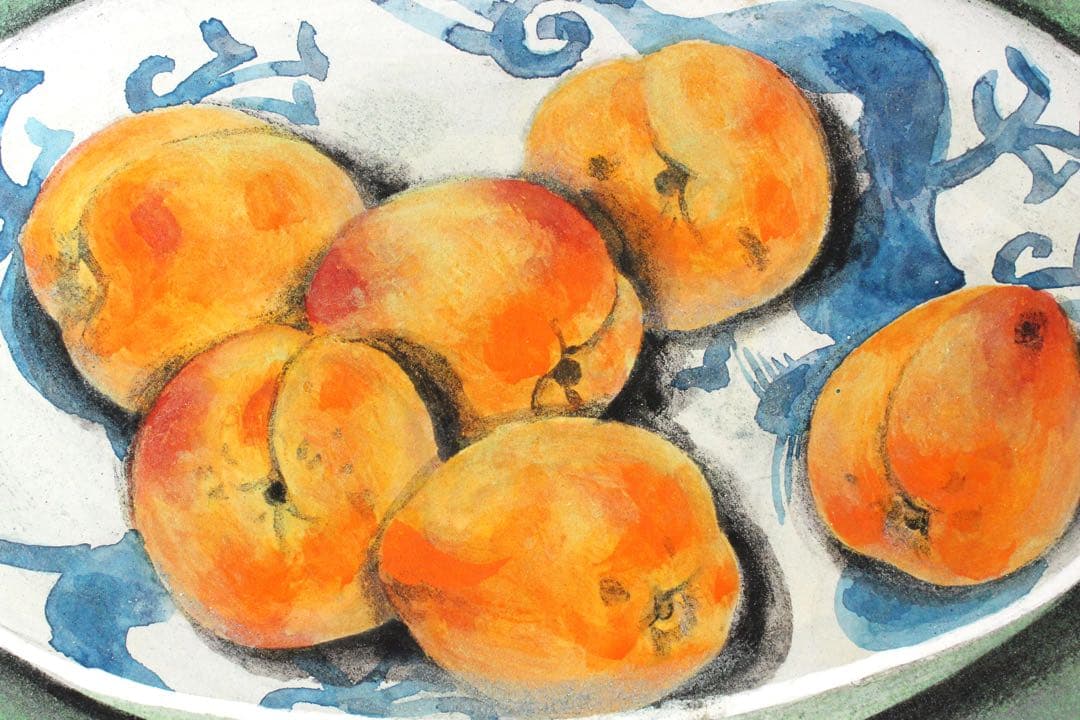 No5743 額装　木村廣吉　「杏」　直筆サイン　日本画　静物画　美術　送料無料