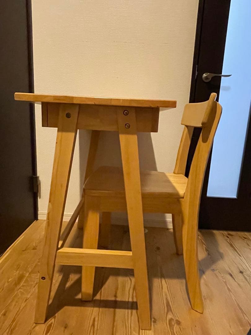 無垢材　タモ　学習机　ワークデスク　事務机　引き出し付　コンパクト　椅子付き