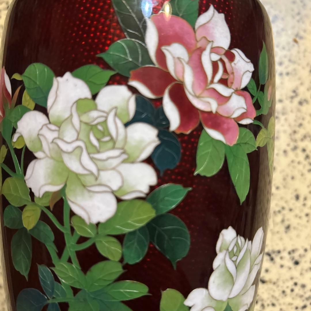 七宝焼 花瓶 銀彩赤透け 図文 瓶 花瓶 伝統工芸 骨董品