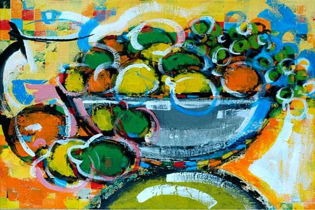 油絵菅家令子絵 絵画インテリア額付(青緑＋金色の枠)uF6-061604果物花瓶