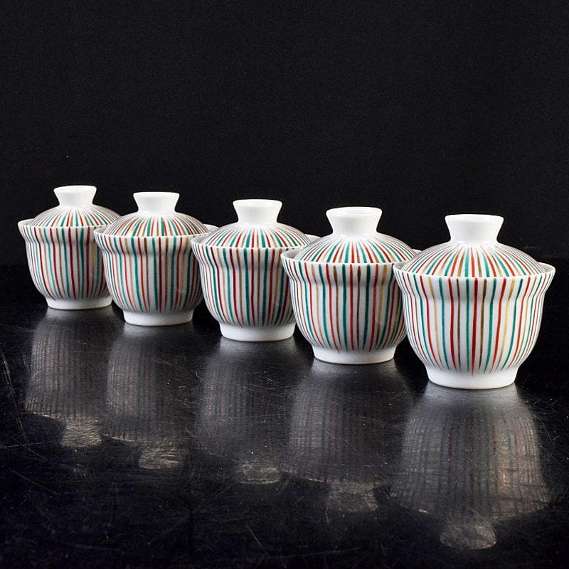 煎茶道具　京焼　土山恭仙作　色絵十草　小蓋碗　五客　時代箱付　V　R9629