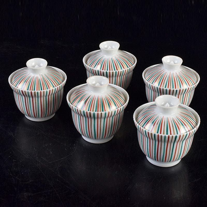 煎茶道具　京焼　土山恭仙作　色絵十草　小蓋碗　五客　時代箱付　V　R9629