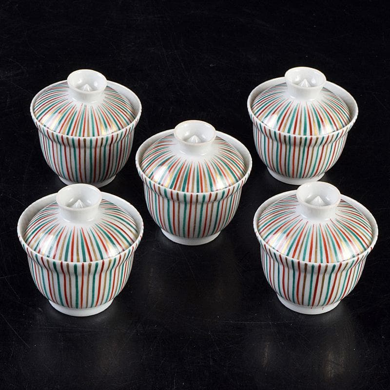 煎茶道具　京焼　土山恭仙作　色絵十草　小蓋碗　五客　時代箱付　V　R9629