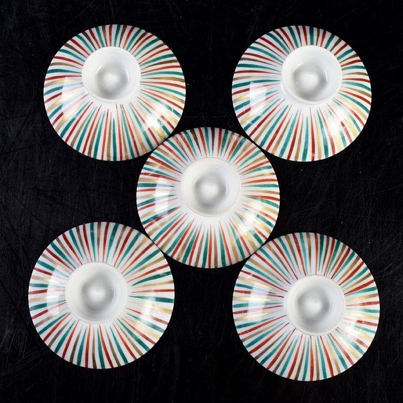 煎茶道具　京焼　土山恭仙作　色絵十草　小蓋碗　五客　時代箱付　V　R9629